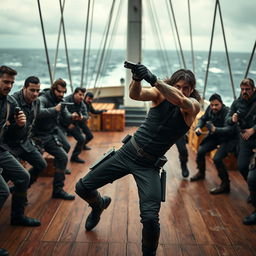 A thrilling scene depicting a secret agent in a dynamic action pose, engaged in an intense fight with a group of antagonists aboard a large ship