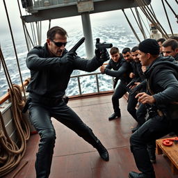 A thrilling scene depicting a secret agent in a dynamic action pose, engaged in an intense fight with a group of antagonists aboard a large ship