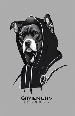 A high-quality digital art image of a black hoodie, featuring a graphic design of a lifelike pitbull adorned with a Givenchy logo collar