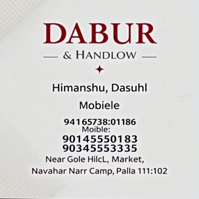 A professional business card design featuring the text "Dabur Collection & Handloom" in bold, elegant text positioned at the top-center