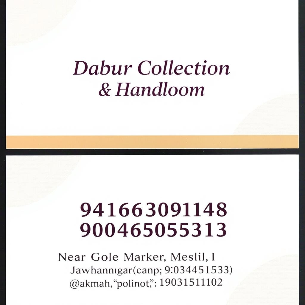 A professional business card design featuring the text "Dabur Collection & Handloom" in bold, elegant text positioned at the top-center