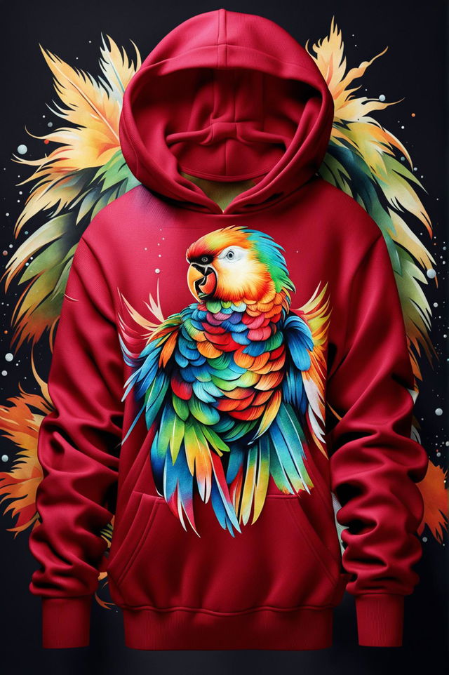 A digital art image of a luxurious burgundy cashmere hoodie featuring a vibrant and detailed parrot graphic print