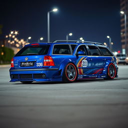 A captivating blue 2001 widebody VW Passat R36 wagon, customized as a drift car featuring an aggressive race livery, is parked at night
