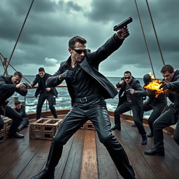 A thrilling scene showing a secret agent in mid-action, engaged in a fierce battle with a group of villains on a ship