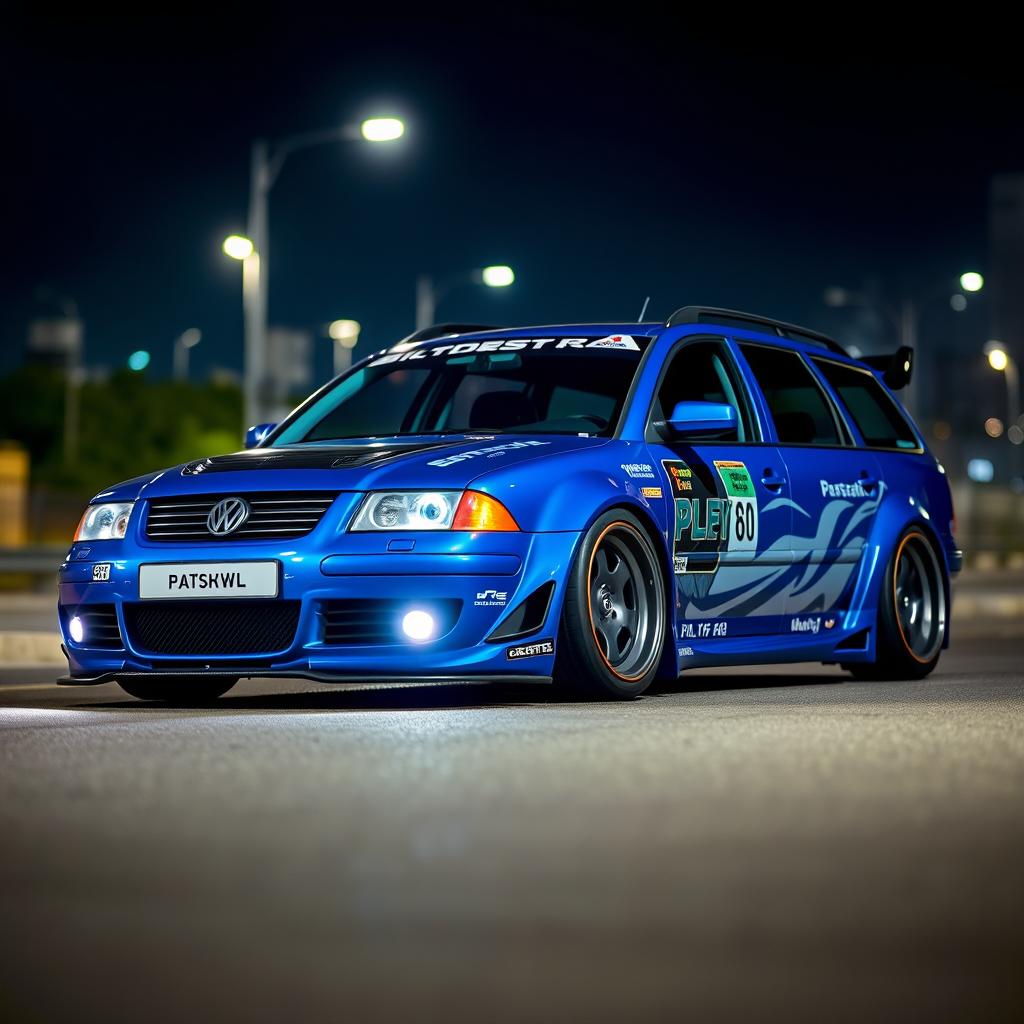 A captivating blue 2001 widebody VW Passat R36 wagon, customized as a drift car featuring an aggressive race livery, is parked at night