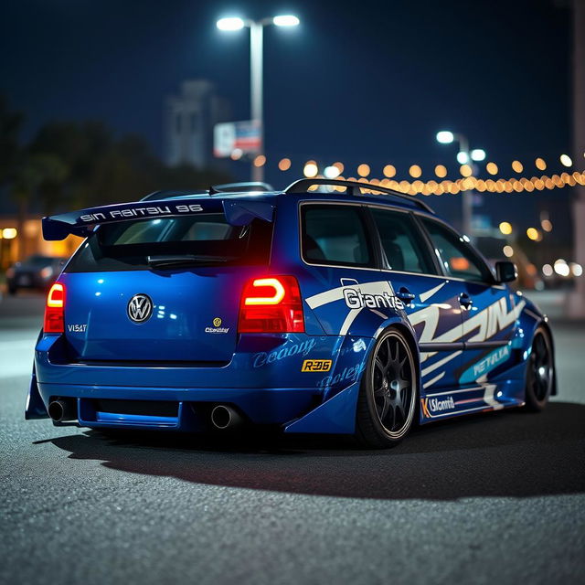 A captivating blue 2001 widebody VW Passat R36 wagon, customized as a drift car featuring an aggressive race livery, is parked at night