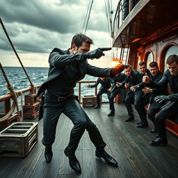 A thrilling scene showing a secret agent in mid-action, engaged in a fierce battle with a group of villains on a ship