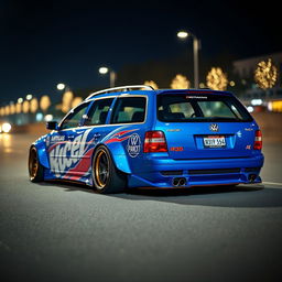 A captivating blue 2001 widebody VW Passat R36 wagon, customized as a drift car featuring an aggressive race livery, is parked at night