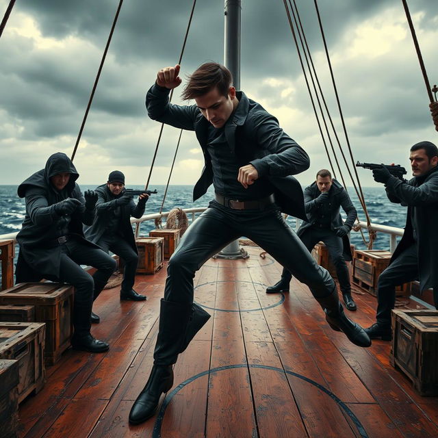 A thrilling scene showing a secret agent in mid-action, engaged in a fierce battle with a group of villains on a ship