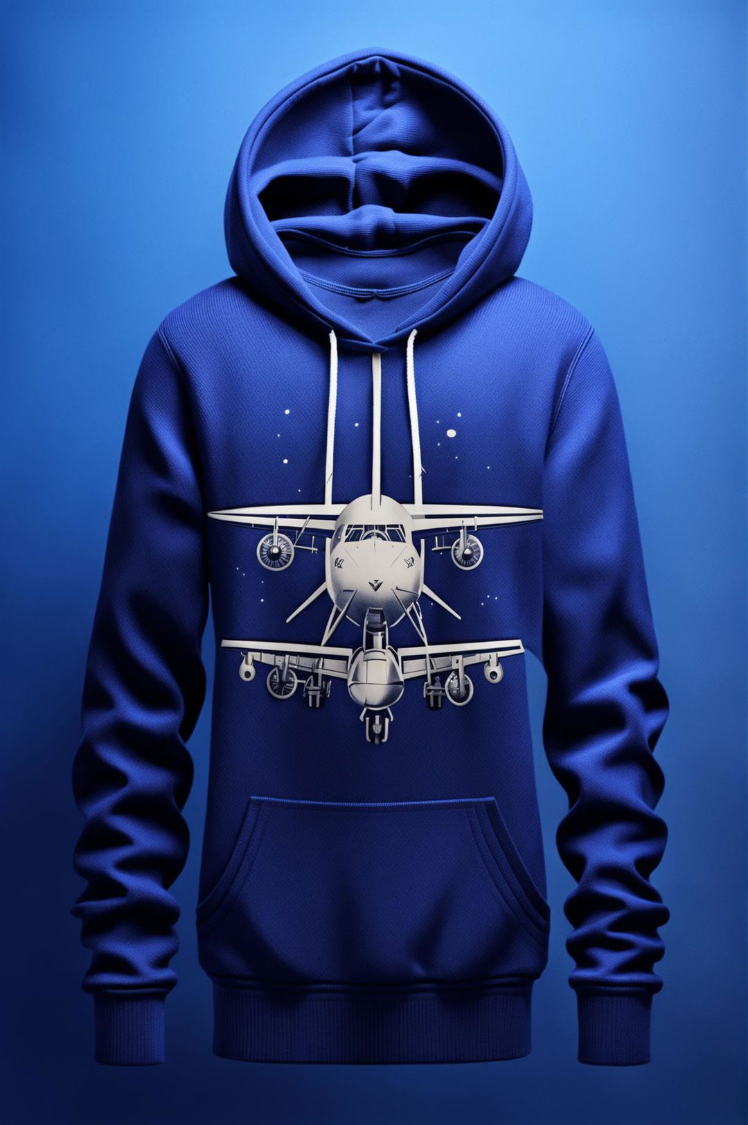 A high-quality digital rendering of a midnight blue luxury cashmere hoodie featuring a white paper plane graphic print