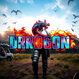 A vibrant and eye-catching YouTube channel cover design for the channel named 'DROGON', focused on PUBG