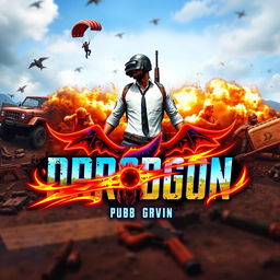 A vibrant and eye-catching YouTube channel cover design for the channel named 'DROGON', focused on PUBG