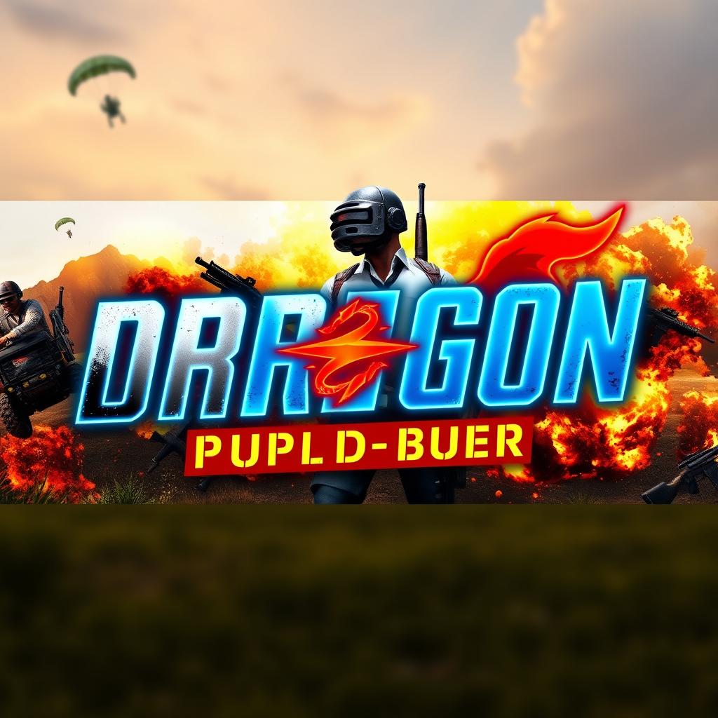 A vibrant and eye-catching YouTube channel cover design for the channel named 'DROGON', focused on PUBG