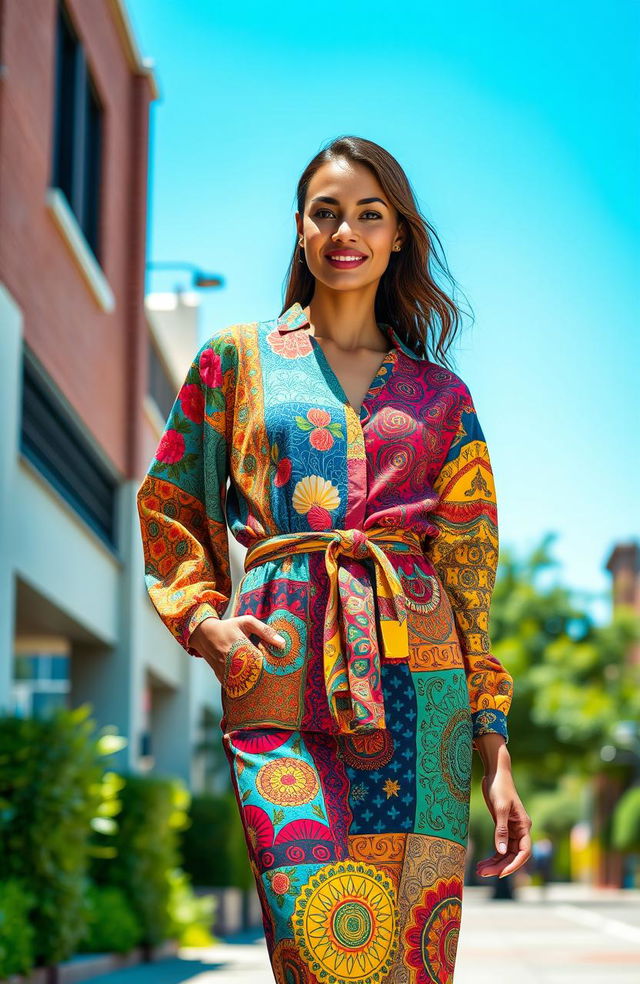 A stunning female model wearing a vibrant, colorful outfit made up of various patterned fabrics