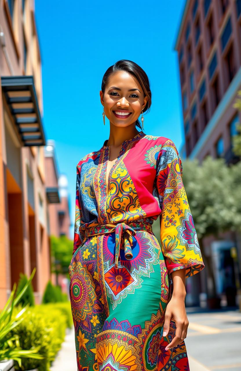 A stunning female model wearing a vibrant, colorful outfit made up of various patterned fabrics