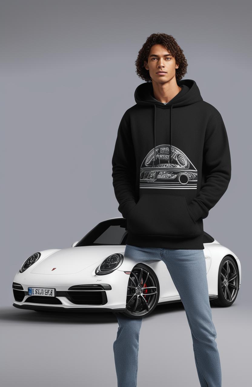 A high-quality digital art depiction of a black luxury cashmere hoodie featuring a white Porsche 911 graphic print