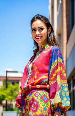 A stunning female model wearing a vibrant, colorful outfit made up of various patterned fabrics