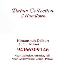 A professional and clean business card design featuring 'Dabur Collection & Handloom' in bold, elegant text at the top-center