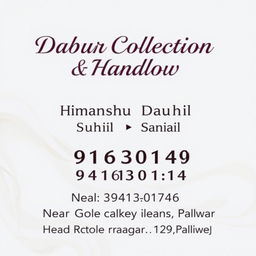A professional and clean business card design featuring 'Dabur Collection & Handloom' in bold, elegant text at the top-center