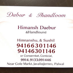A professional and clean business card design featuring 'Dabur Collection & Handloom' in bold, elegant text at the top-center