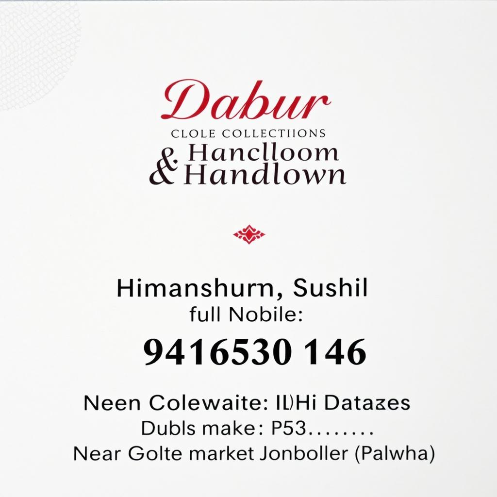 A professional and clean business card design featuring 'Dabur Collection & Handloom' in bold, elegant text at the top-center