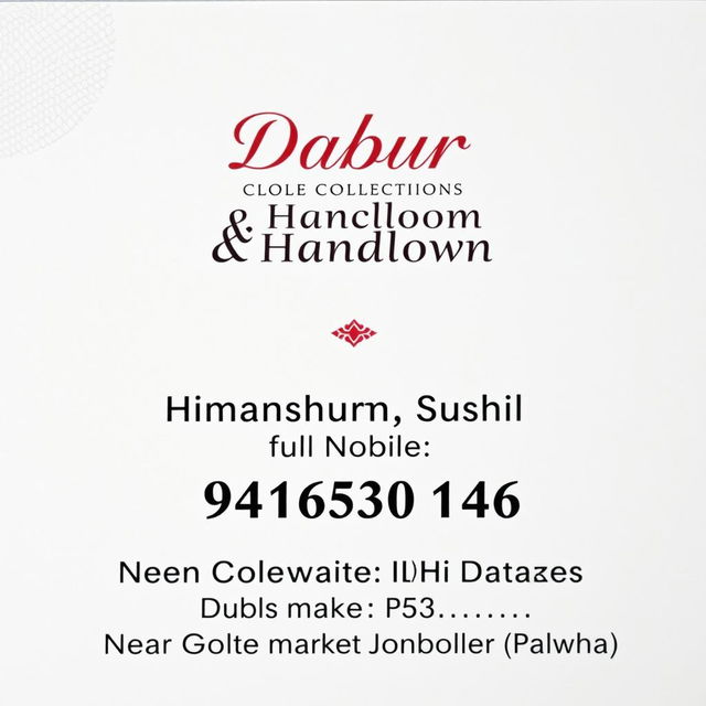 A professional and clean business card design featuring 'Dabur Collection & Handloom' in bold, elegant text at the top-center