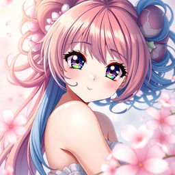 A highly detailed portrait of an anime girl with vibrant colors, featuring large expressive eyes and intricate hair, set against a dreamy background