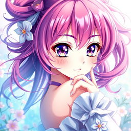 A highly detailed portrait of an anime girl with vibrant colors, featuring large expressive eyes and intricate hair, set against a dreamy background