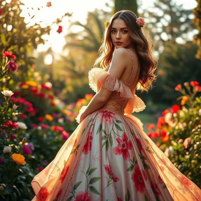 A high-fashion editorial photo shoot featuring a stunning model in an extravagant gown made of flowing silk with a colorful floral print and intricate lace details