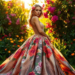 A high-fashion editorial photo shoot featuring a stunning model in an extravagant gown made of flowing silk with a colorful floral print and intricate lace details