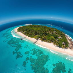 A stunning aerial view of Isla Grande, showcasing its lush greenery, white sandy beaches, and vibrant blue waters