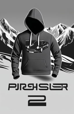 A high-quality digital art depiction of a black luxury cashmere hoodie featuring a white Porsche 911 graphic print