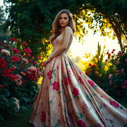 A high-fashion editorial photo shoot featuring a stunning model in an extravagant gown made of flowing silk with a colorful floral print and intricate lace details