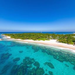 A stunning aerial view of Isla Grande, showcasing its lush greenery, white sandy beaches, and vibrant blue waters