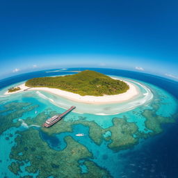 A stunning aerial view of Isla Grande, showcasing its lush greenery, white sandy beaches, and vibrant blue waters