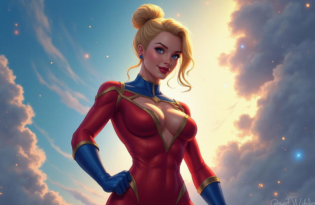 A fantasy superhero illustration featuring a dynamic woman with blonde hair styled in a bun