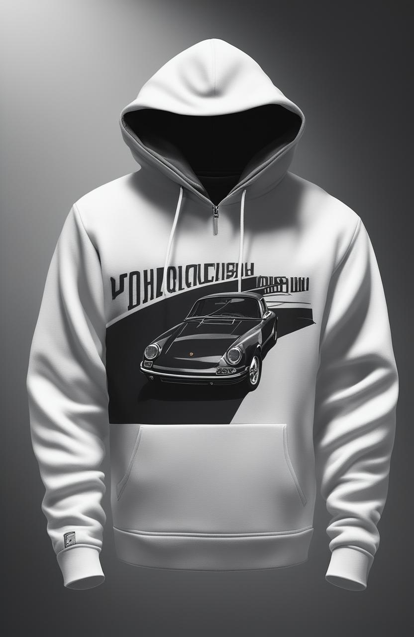 A high-quality digital art depiction of a black luxury cashmere hoodie featuring a white Porsche 911 graphic print