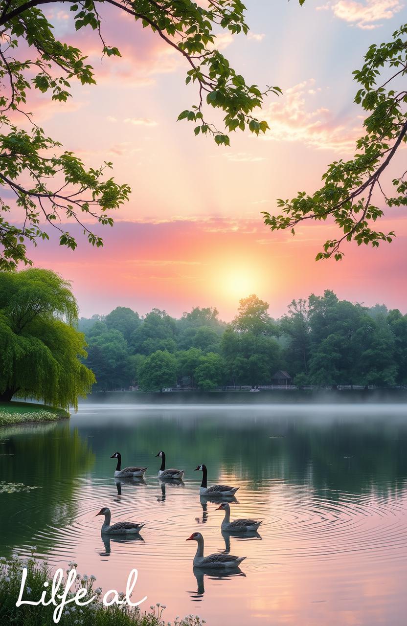 A serene and enchanting landscape during dawn, featuring vibrant pastel colors in the sky as the sun rises over a tranquil lake