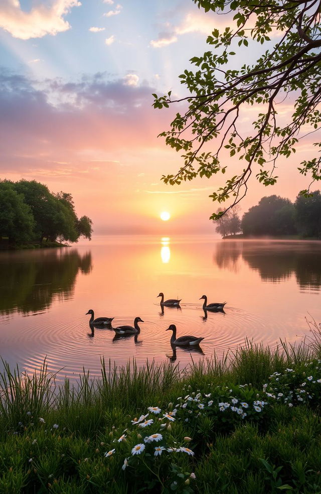 A serene and enchanting landscape during dawn, featuring vibrant pastel colors in the sky as the sun rises over a tranquil lake