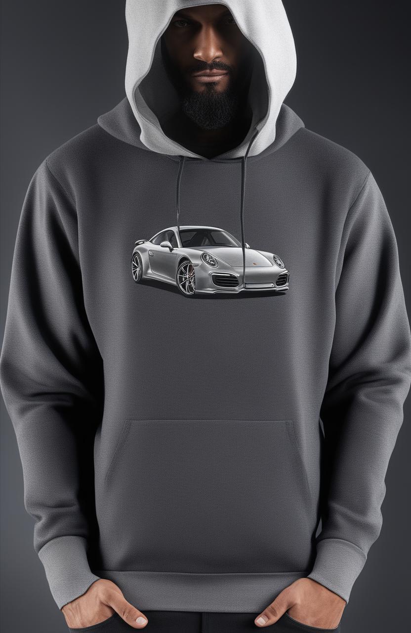 A high-quality digital rendering of a charcoal grey luxury cashmere hoodie featuring a silver Porsche 911 graphic print