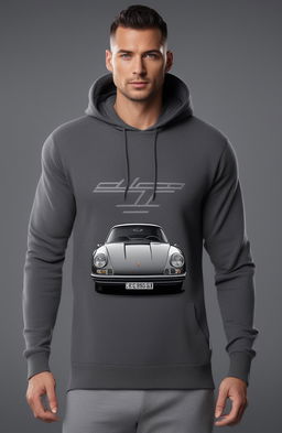 A high-quality digital rendering of a charcoal grey luxury cashmere hoodie featuring a silver Porsche 911 graphic print