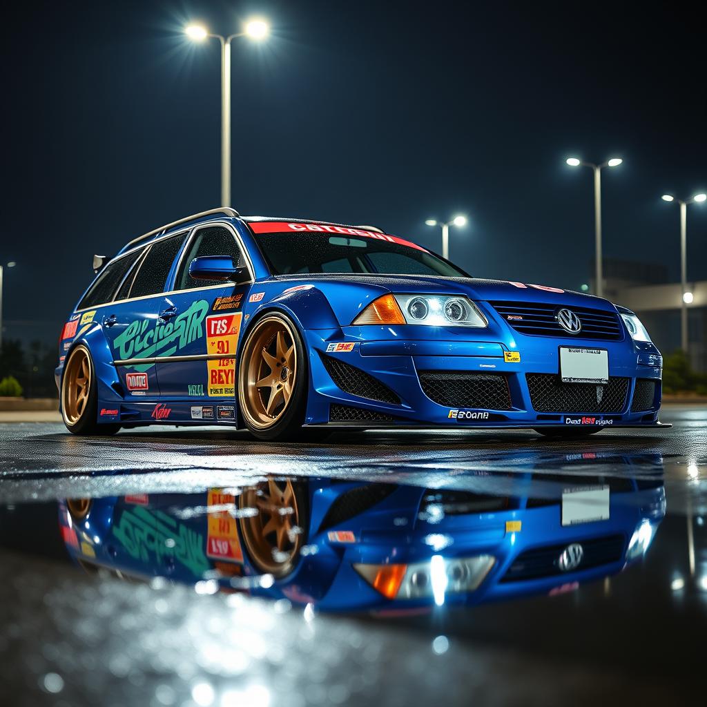 A stunning blue 2001 widebody VW Passat R36 wagon, customized as a drift car featuring an eye-catching race livery with vibrant graphics and sponsor logos