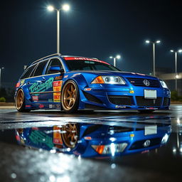 A stunning blue 2001 widebody VW Passat R36 wagon, customized as a drift car featuring an eye-catching race livery with vibrant graphics and sponsor logos