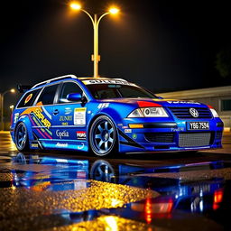 A stunning blue 2001 widebody VW Passat R36 wagon, customized as a drift car featuring an eye-catching race livery with vibrant graphics and sponsor logos