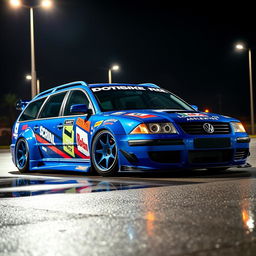 A stunning blue 2001 widebody VW Passat R36 wagon, customized as a drift car featuring an eye-catching race livery with vibrant graphics and sponsor logos