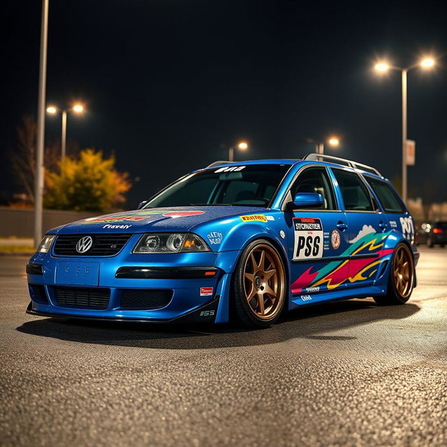 A stunning blue 2001 widebody VW Passat R36 wagon, customized as a drift car featuring an eye-catching race livery with vibrant graphics and sponsor logos