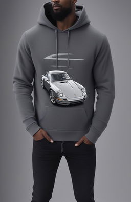 A high-quality digital rendering of a charcoal grey luxury cashmere hoodie featuring a silver Porsche 911 graphic print