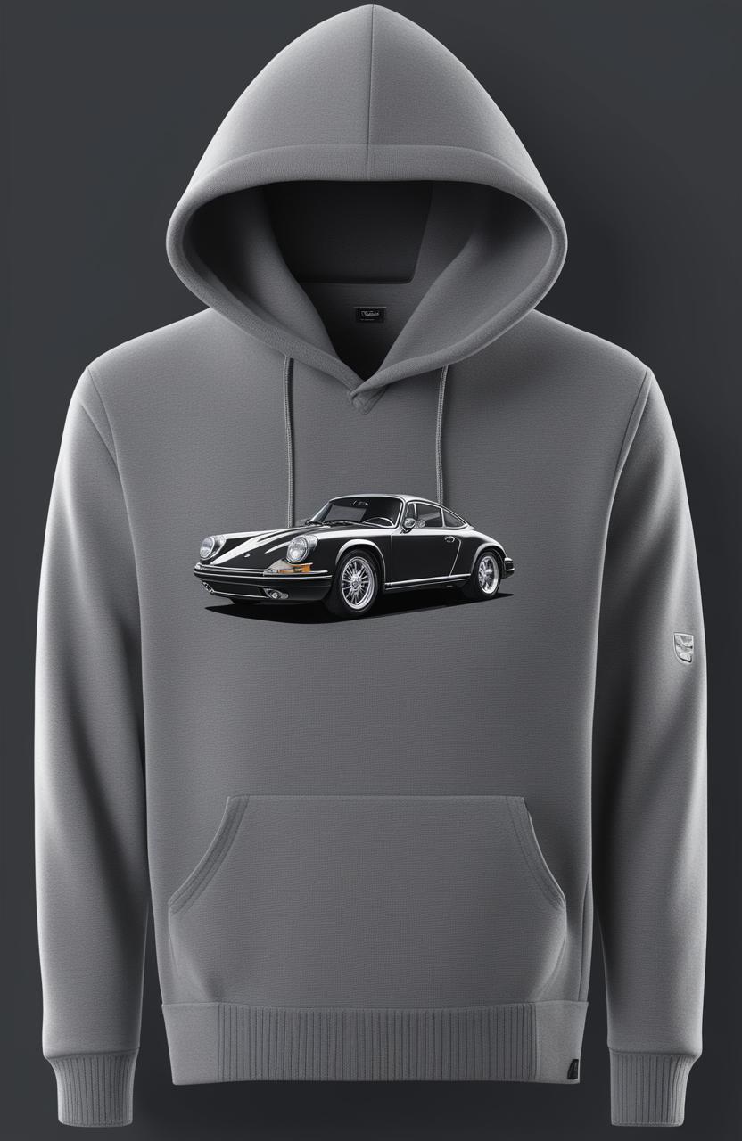 A high-quality digital rendering of a charcoal grey luxury cashmere hoodie featuring a silver Porsche 911 graphic print