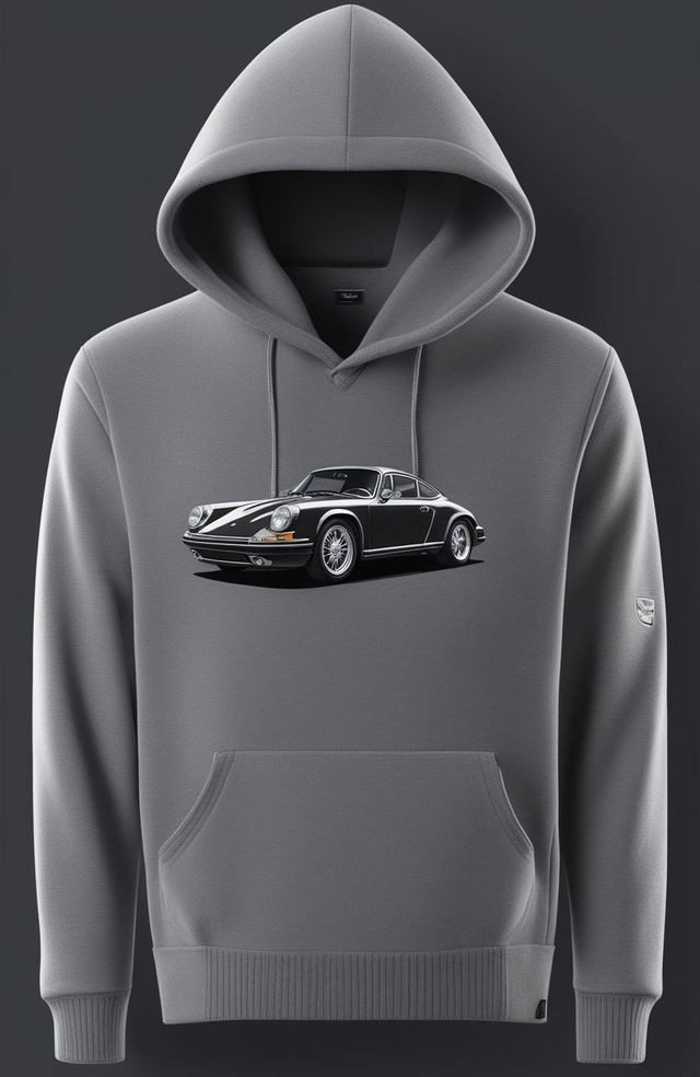 A high-quality digital rendering of a charcoal grey luxury cashmere hoodie featuring a silver Porsche 911 graphic print