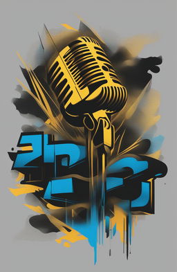 A digital art image of a black graphic tee featuring a gold microphone, electric blue sound waves, and graffiti-style text reading 'Rhythm' and 'Rhymes'